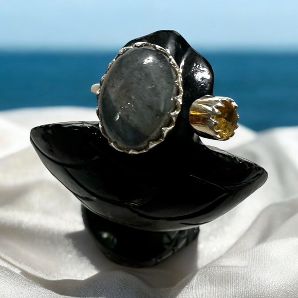 Labradorite & Citrine Sterling Silver Ring Size 8 to 10 Adjustable - Picture 6 of 15